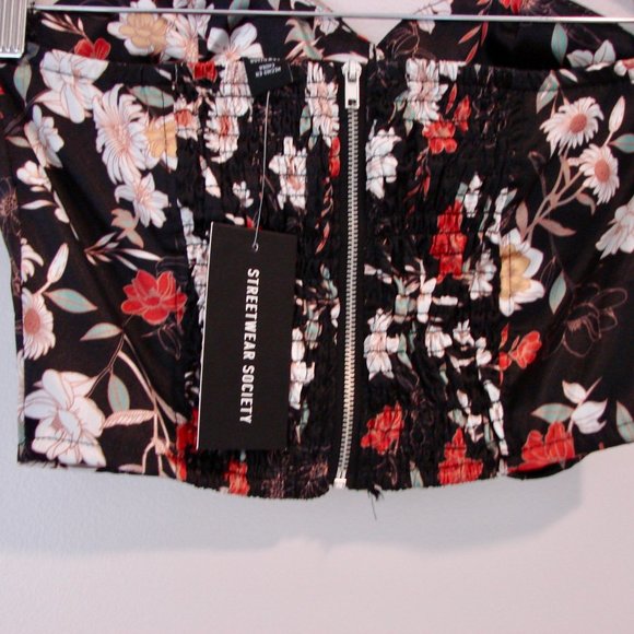 Streetwear Society Black Red Floral Satin Strapless Bustier Corset Crop Top NWT - Picture 8 of 11
